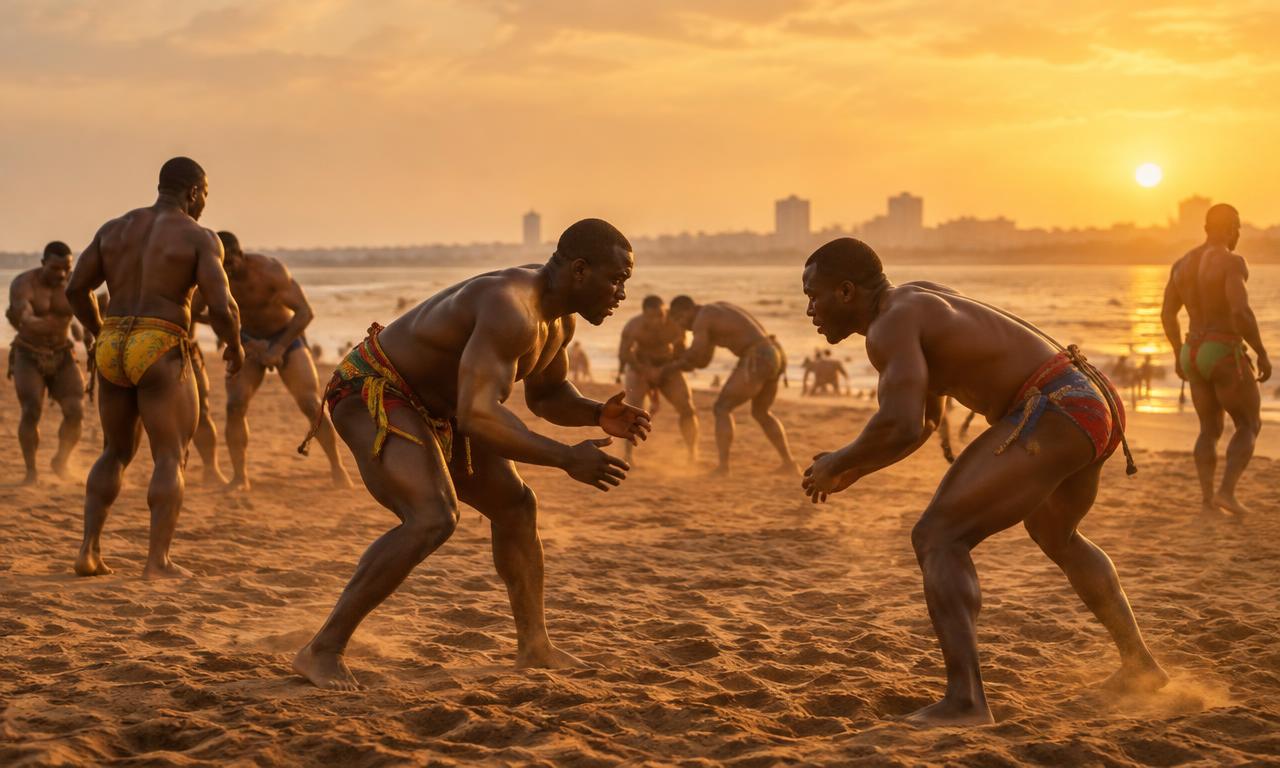 Lutteurs à l'entraînement sur la plage de Dakar